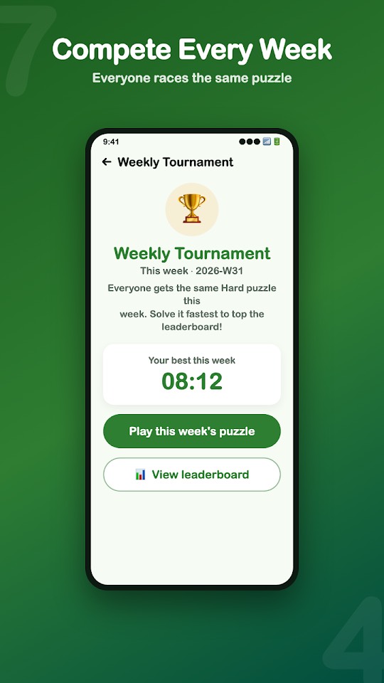Sudoku Zen weekly tournament where everyone races the same hard sudoku puzzle on a leaderboard