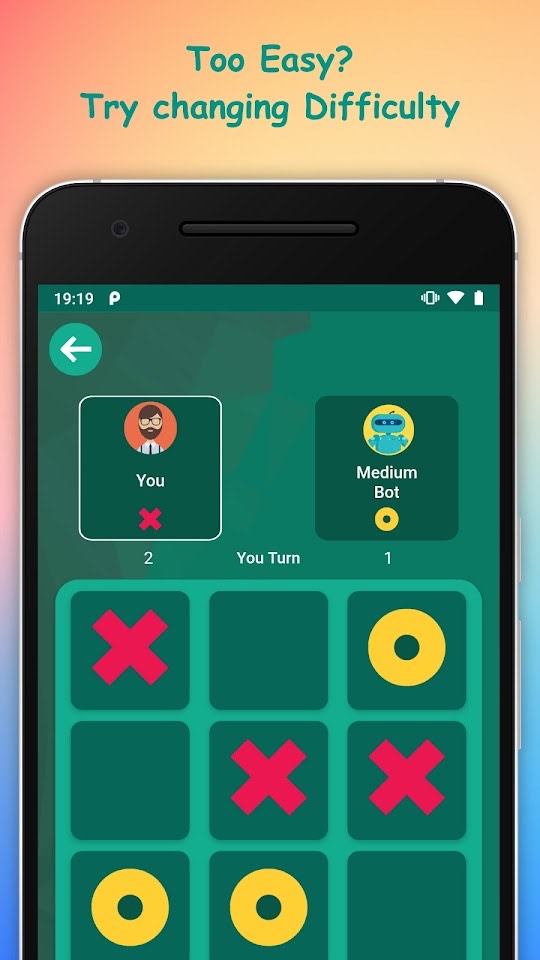 Tic Tac Toe game against a medium difficulty AI bot on a 3x3 noughts and crosses board